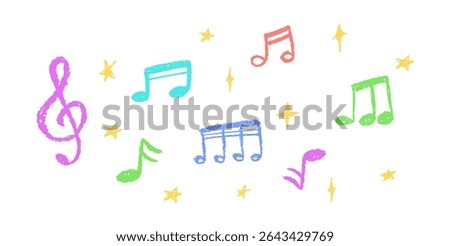 Vector illustration of colorful music notes and stars in charcoal scribble style. Cute childish music school pastel or wax pencil signs. Handwritten pop elements on white for kindergarten designs.