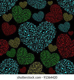 Vector illustration of colorful musical heart shape with seamless pattern on black background for Valentines Day.