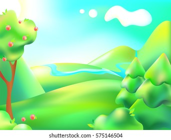 Vector illustration of colorful nature. Cartoon landscape of a sunny summer day. Children background depicts a forest, mountain, river, trees, sky, apple, clouds