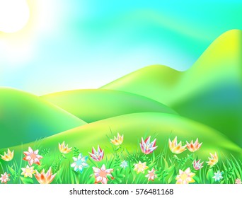 Vector illustration of colorful nature. Cartoon landscape of a sunny summer day. Children background depicts a forest, mountain, river, trees, sky, apple, clouds