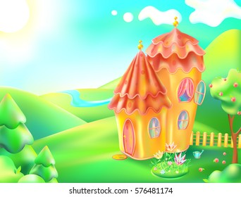 Vector illustration of colorful nature and home. Cartoon landscape and gingerbread house of a sunny summer day. Children background a lodge, river, trees, sky, clouds, apple, flowerbed with flowers