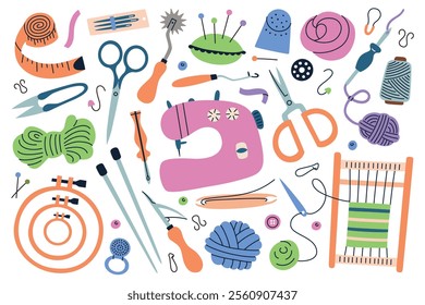 Vector illustration of colorful needlework set, sewing, knitting, and embroidery tools. Sewing machine, scissors, threads, needles, yarns, and other crafting items in flat cartoon style