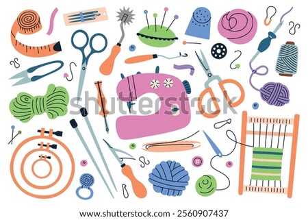Vector illustration of colorful needlework set, sewing, knitting, and embroidery tools. Sewing machine, scissors, threads, needles, yarns, and other crafting items in flat cartoon style