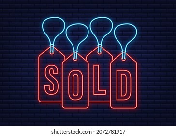 Vector illustration of colorful neon hanging cardboard. Tags - Sold