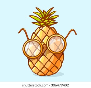 Vector illustration of colorful nerd pineapple with glasses on blue background. Hand draw line art design for web, site, advertising, banner, poster, board and print.