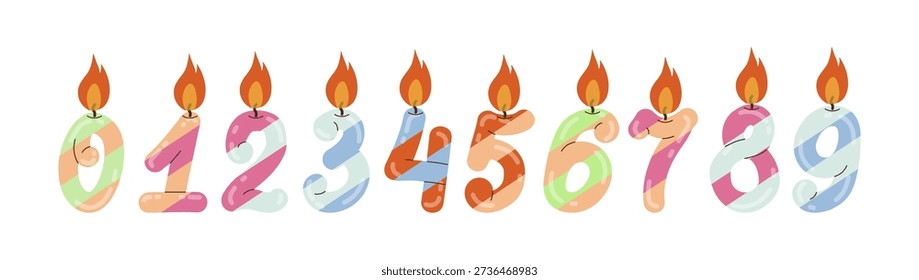 Vector illustration of colorful number candles from 0 to 9 with lit flames. Each candle is uniquely shaped and vibrant in color, perfect for birthday or celebration themes.