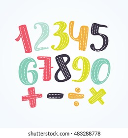 Vector illustration of colorful numbers set signs of addition, subtraction, division, multiplication.