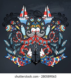 vector illustration with a colorful octopus, fishes and boats