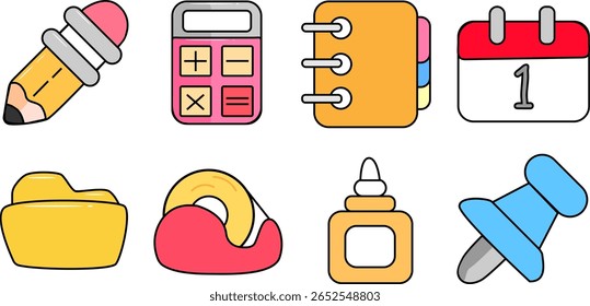 Vector illustration of colorful office and school stationery icons including pencil, calculator, glue, calendar, and notebook for education and organization design
