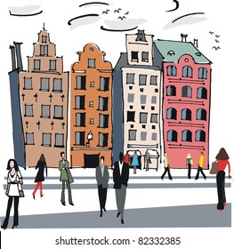 Vector illustration of colorful old buildings and pedestrians, Stockholm, Sweden