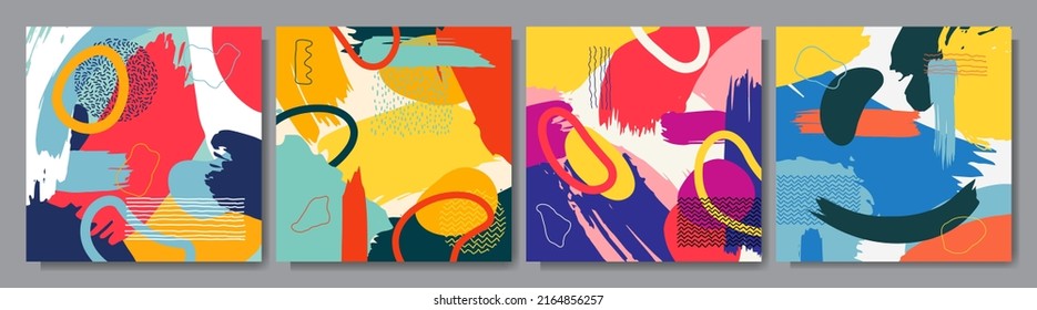 Vector illustration. Colorful organic concept wallpaper. Aesthetic poster set. Messy wave brush strokes. Spring floral style fresh background. Design for social media template, web banner, blog post