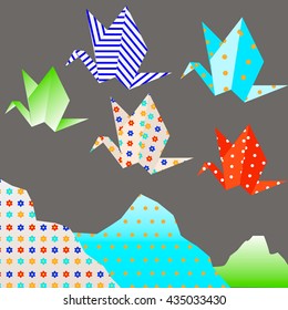 vector illustration of colorful origami paper cranes in the Japanese style