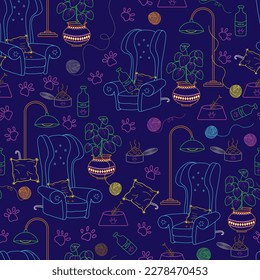 Vector illustration. Colorful outlined caturday seamless repeat pattern.  Best for kids clothing and nursery décor.