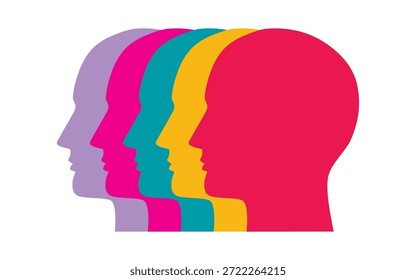 Ilustración vectorial de coloridas siluetas de cabeza humana superpuestas en colores vibrantes que representan el trabajo en equipo diverso y el concepto de múltiples perspectivas