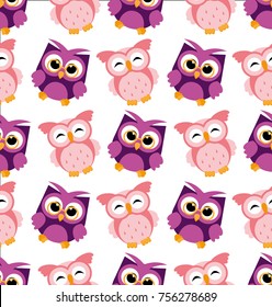 Vector illustration of colorful owl pattern on white background. Happy and joyful cartoon birds in flat style.