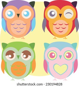 Vector illustration of colorful owl set, use for card, invitation, banner