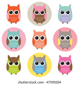 Vector illustration of colorful owls with nine color combinations. Seamless patterns with black and white background are included in the swatch.