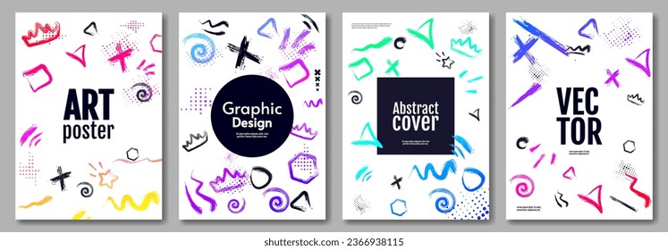 Vector illustration. Colorful paint brush and scratches background.  Abstract covers set, minimal covers design with white backdrop. Gradient ink paint brush. Design for cover, poster, banner.