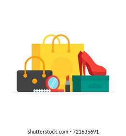 Vector illustration of colorful paper bags with buyings and shoes on box.