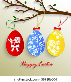 Vector illustration of colorful paper Easter eggs on the branch. Happy Easter greeting card.