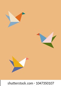 Vector illustration of colorful paper origami birds on peach orange background