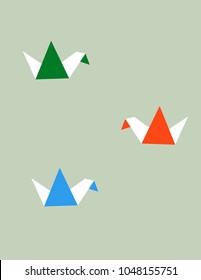 Vector illustration of colorful paper origami cranes on blue background