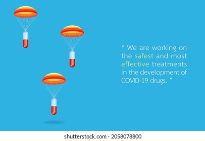 Ilustración vectorial de paracaídas coloridos entrega cápsulas, transporte aéreo de medicinas, texto de muestra del fármaco COVID-19, espacio de copia, sobre el concepto azul y completo de tratamiento de drogas por coronavirus.