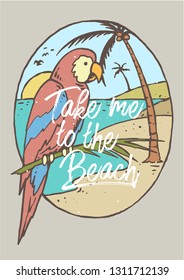 Vector illustration of colorful parrot bird with beautiful palm tropical beach and mountain background