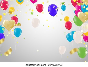 Vector Illustration of a Colorful Party Background with Confetti , Curly Ribbons and Color Glossy Balloons. for parties or celebrations