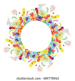 vector illustration of a colorful party circle background with confetti balloons and space for your text in the middle