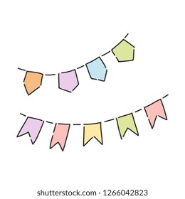 Vector illustration of colorful party flags isolated on white background - hand drawn holiday decorative elements for birthday or new year celebration design. Carnival garlands and buntings.