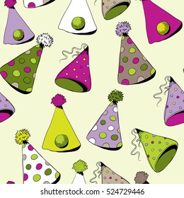 Vector illustration of colorful party hats on the yellow background. Seamless pattern