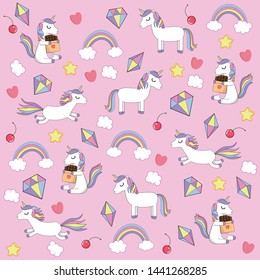 Vector illustration. Colorful, pastel pattern with unicorns, rainbow, clouds, crystals, cherry, star, heart. Light pink background. Beautiful pattern for kids. 