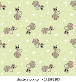 vector illustration of colorful pattern with funny cats on green background with white stars