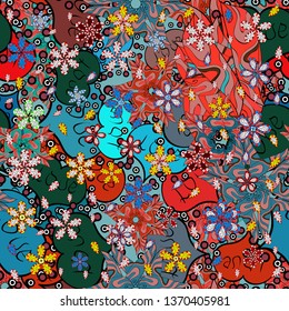Vector illustration. Colorful pattern. Seamless Flat design with abstract doodles on blue, red and black colors background.