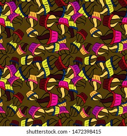 Vector illustration. Colorful pattern. Seamless Flat design with abstract doodles on black, yellow and brown colors background.