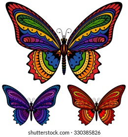 Vector illustration of a colorful patterned butterfly.