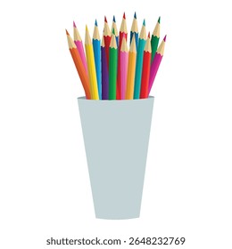 Vector illustration of colorful pencils in a cup, drawn in flat cartoon style. Perfect for school, art, education, office, creativity, and stationery themes. Isolated on white background.