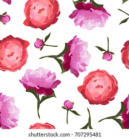 Vector illustration of colorful peonies flowers seamless pattern. Red and violet peonies buttons with green leaves on white background.