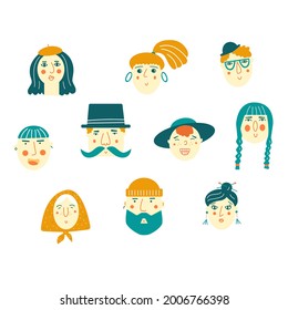 Vector illustration with colorful people faces isolated on white background.