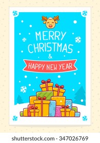 Vector illustration of colorful pile of christmas gifts and hand written text on blue background with white snowflakes. Bright color. Hand draw line art design for web,site,poster and greeting card. 