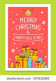 Vector illustration of colorful pile of christmas gifts and hand written text on red background with white snowflakes.Bright color.Hand draw line art design for brochure,template,poster and greeting