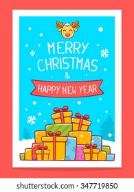 Vector illustration of colorful pile of christmas gifts and hand written text on blue background with white snowflakes. Hand draw line art design for poster,flyer,brochure,template and greeting card.