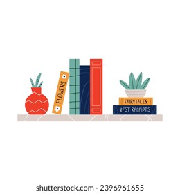 Vector illustration of colorful pile, stack of books and vase on a bookshelf. Read more books concept.