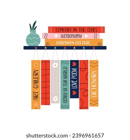 Vector illustration of colorful pile, stack of books and vase on a bookshelf. Read more books concept.