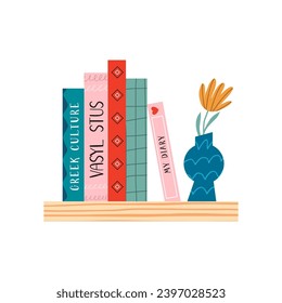 Vector illustration of colorful pile, stack of books and vase on a bookshelf. Read more books concept.