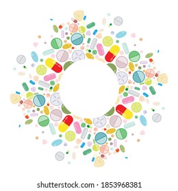 vector illustration of colorful pills in circle frame design for pharmacy industry headers emblems 