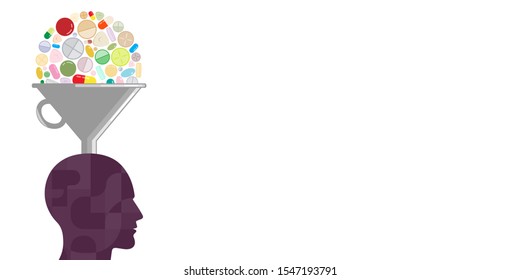 vector illustration of colorful pills and filter for picking proper medicines and medication overuse headaches 