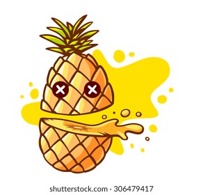Vector illustration of colorful pineapple cut in half with eyes and yellow spot on white background. Hand draw line art design for web, site, advertising, banner, poster, board and print.