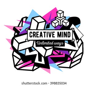 Vector illustration of colorful pink and blue abstract composition with frame and black quote on white background. Line art design for web, site, banner, poster, board, card, paper print, t-shirt.